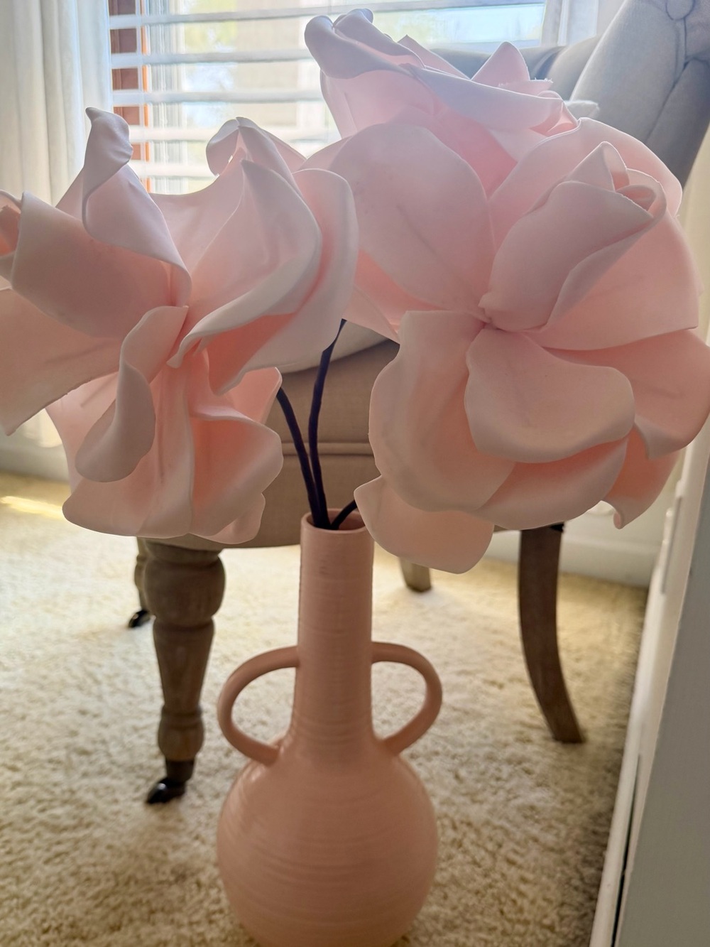 Pink Ceramic Vase with Soft Pink Foam Flower Arrangement